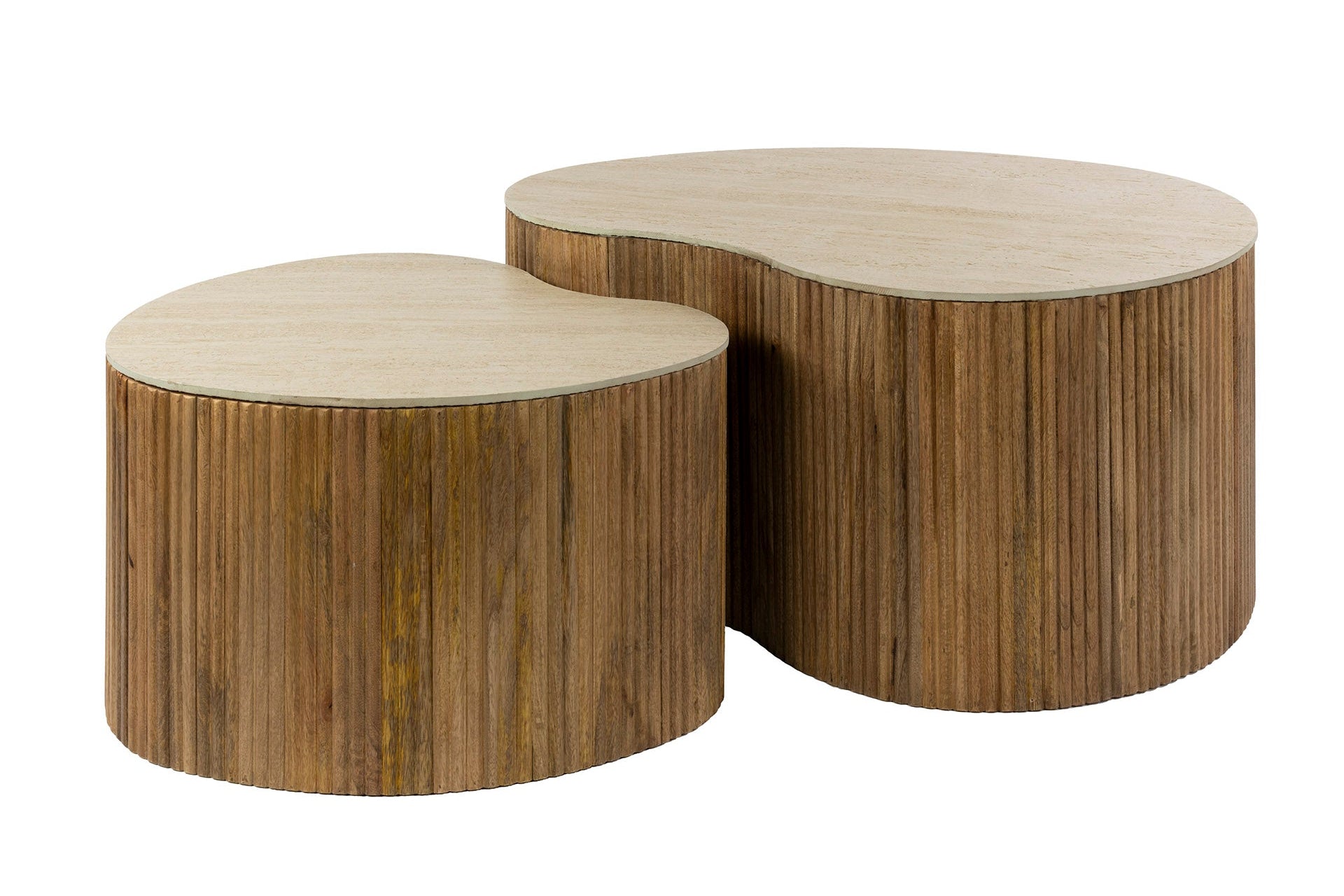 Coffee Table Tavara - Set of 2 made of sand-colored mango wood with ceramic tabletop