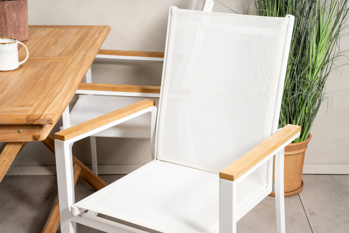 2er Set Gartenstuhl Lua - aus weißem Aluminium, mit Sitzfläche aus Textilene und Teakholz-Details