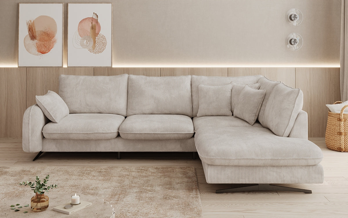 Designer corner sofa Laguna with metal feet in Corduroy