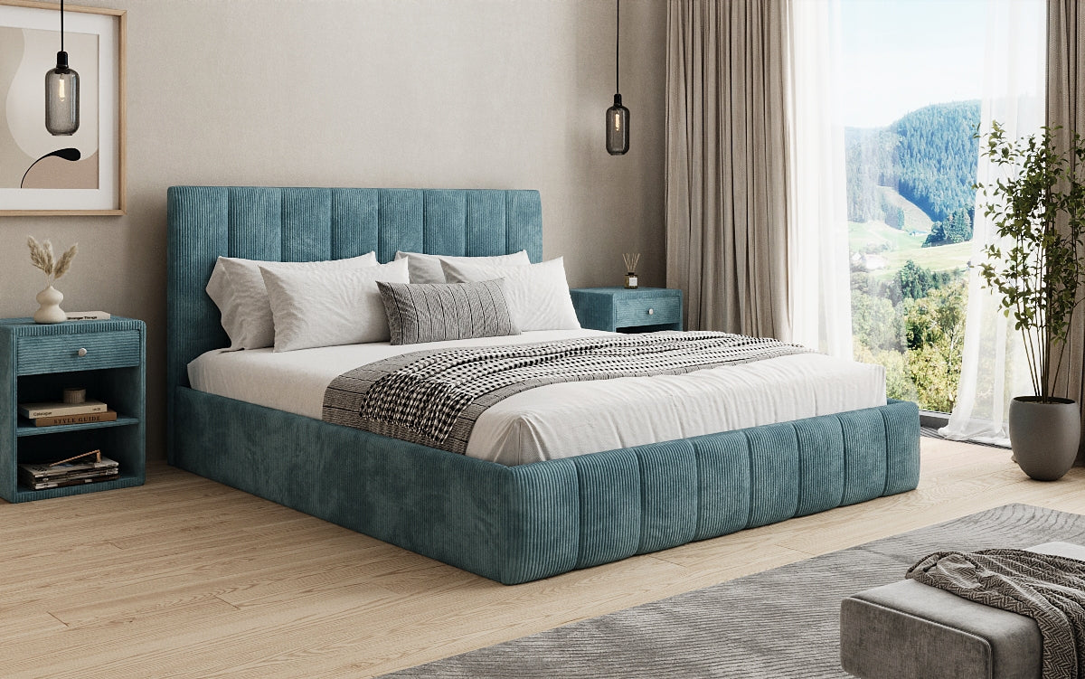 Designer upholstered bed Mila in Corduroy with storage