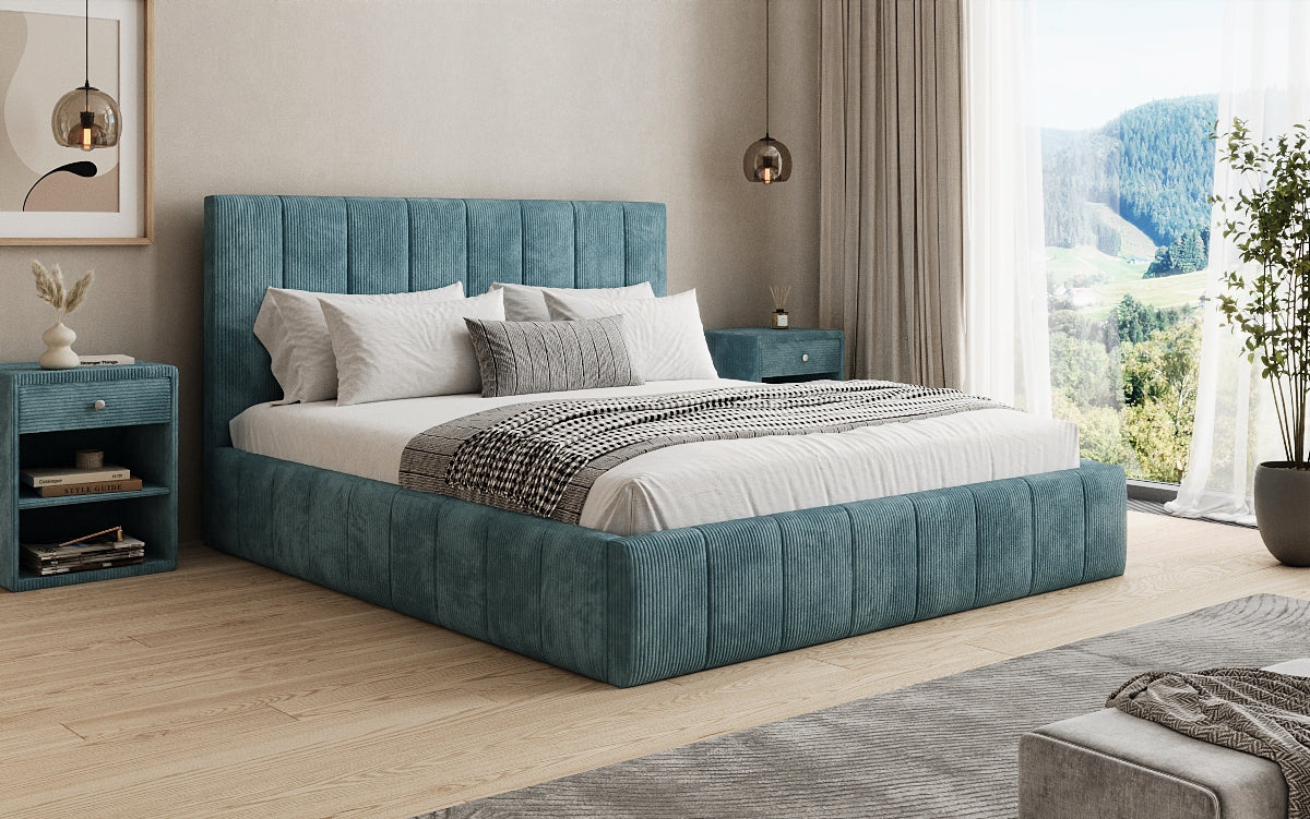 Designer upholstered bed Maja in Corduroy with storage