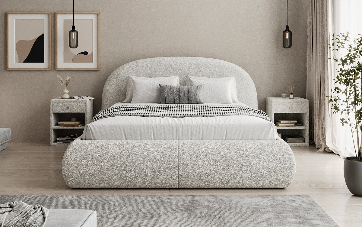 Designer upholstered bed Loop in teddy bouclé with storage space
