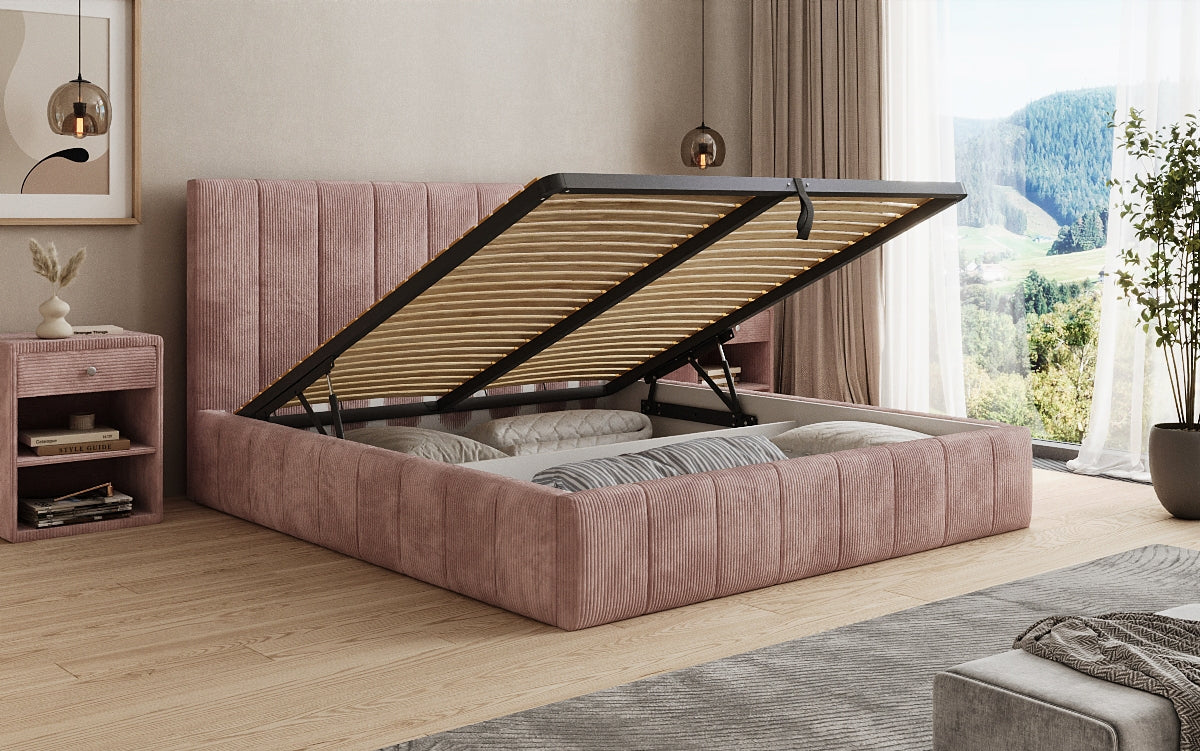 Designer upholstered bed Maja in Corduroy with storage