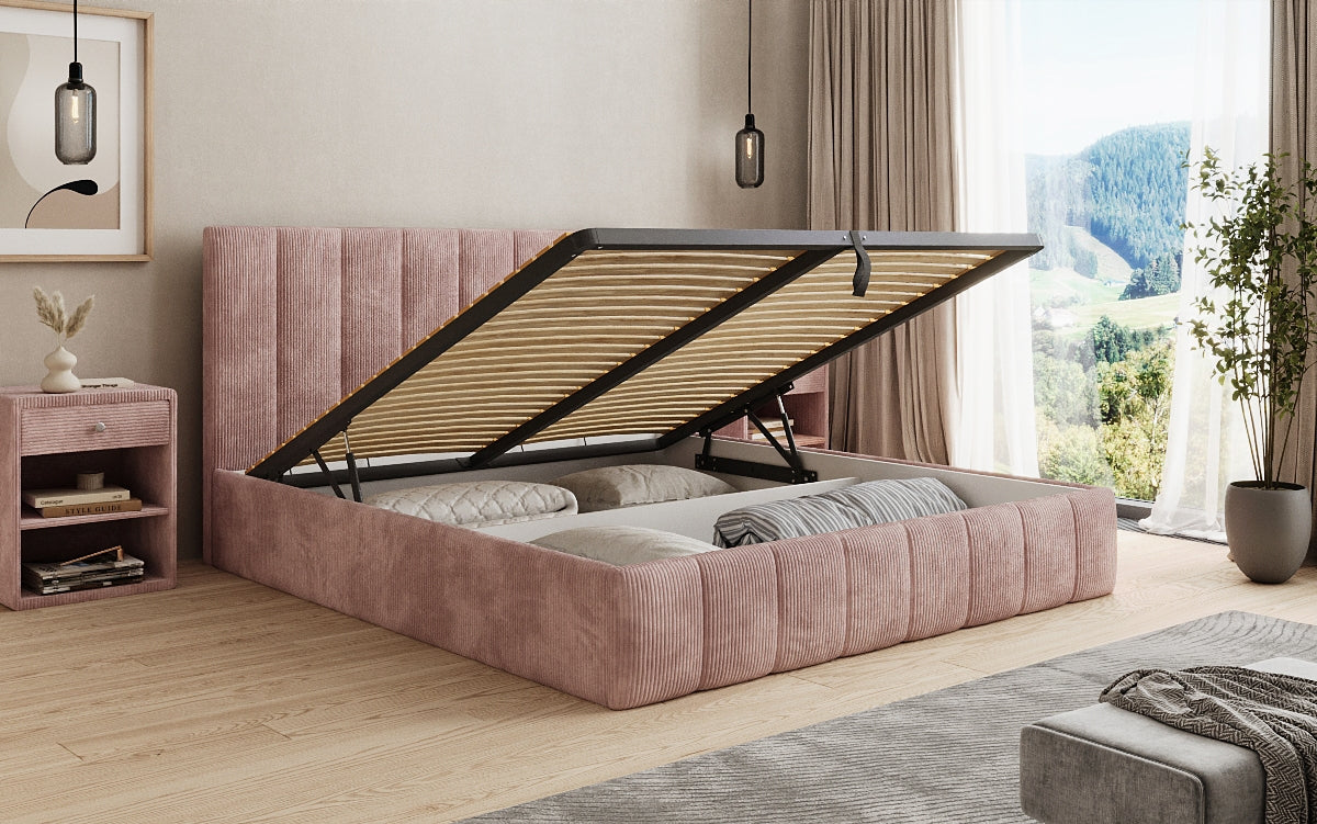 Designer upholstered bed Mila in Corduroy with storage