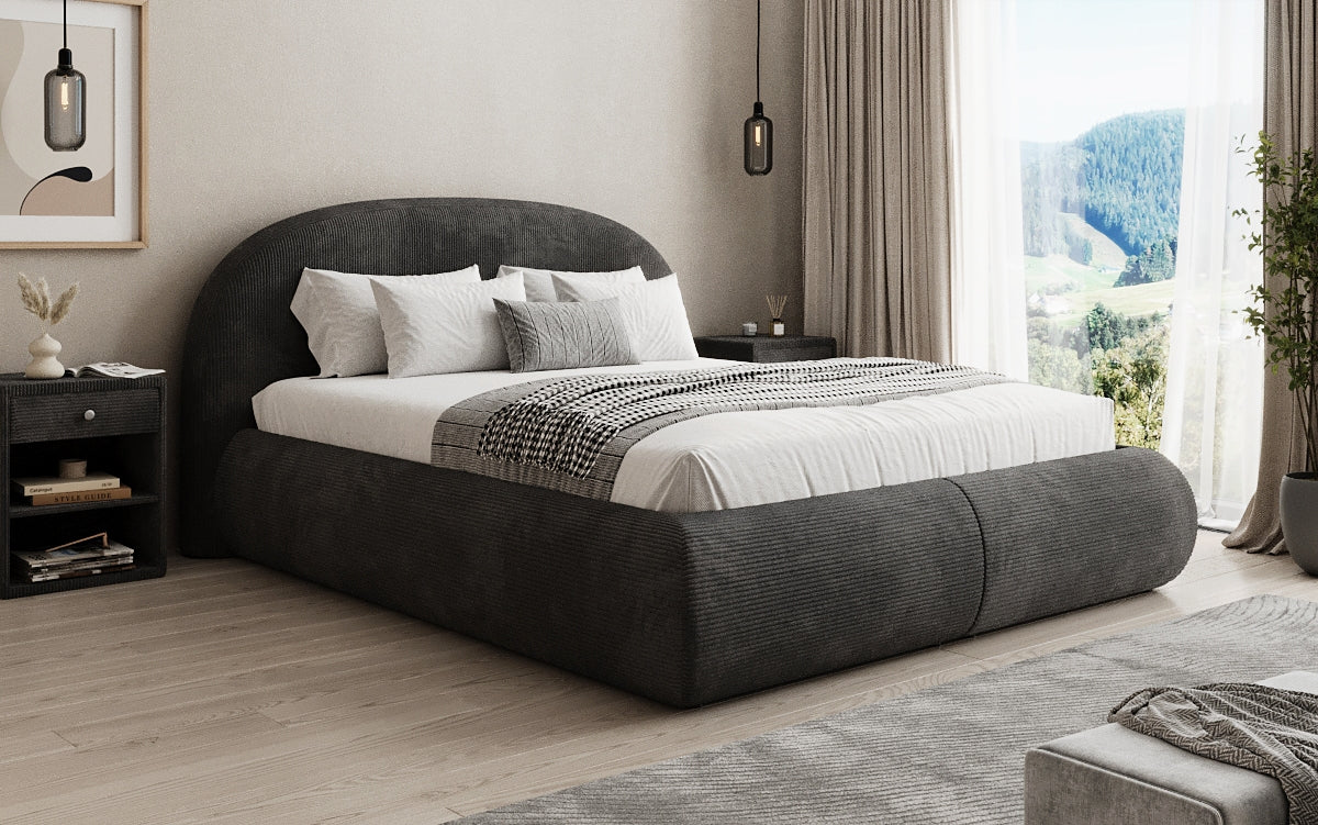 Designer upholstered bed Loop in Corduroy with storage space