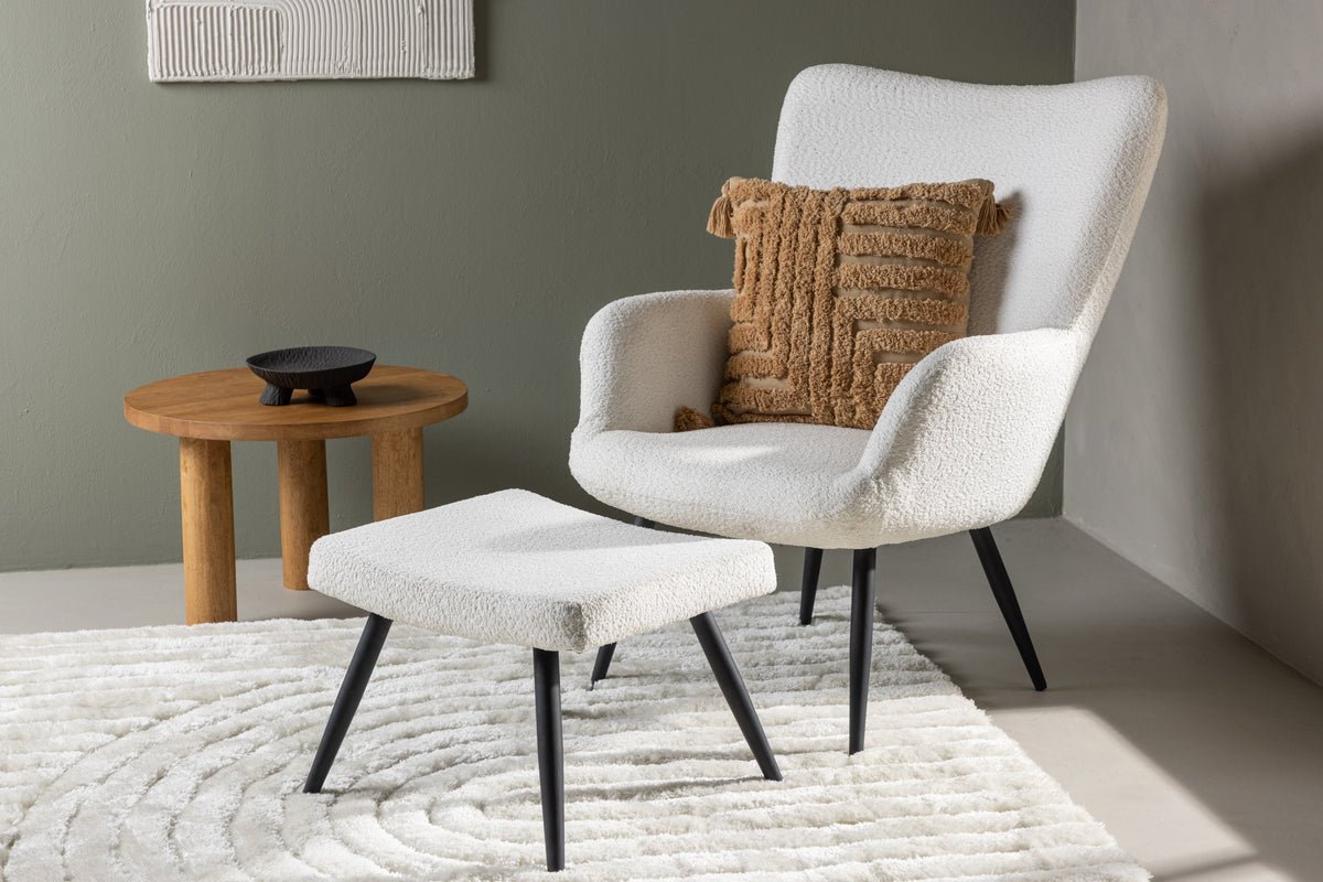 Armchair Verona - white bouclé fabric & black metal legs