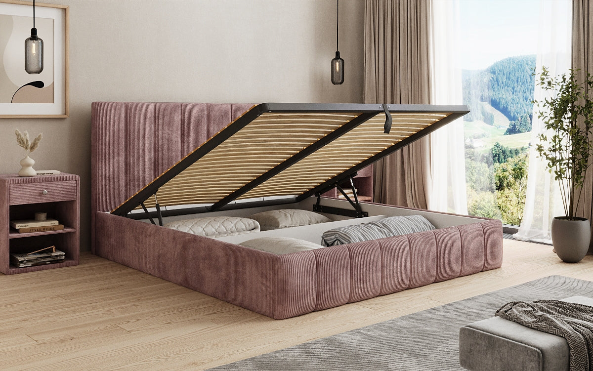 Designer upholstered bed Mila in Corduroy with storage