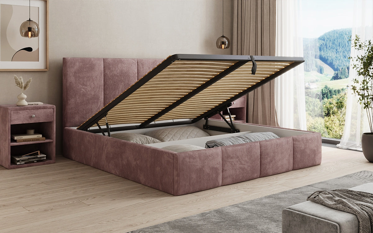 Designer upholstered bed Mina in Corduroy with storage space