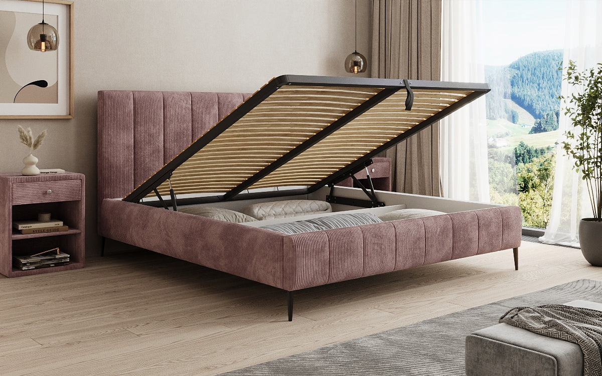 Designer upholstered bed Astrid in Corduroy with storage space