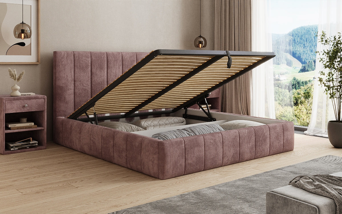 Designer upholstered bed Maja in Corduroy with storage