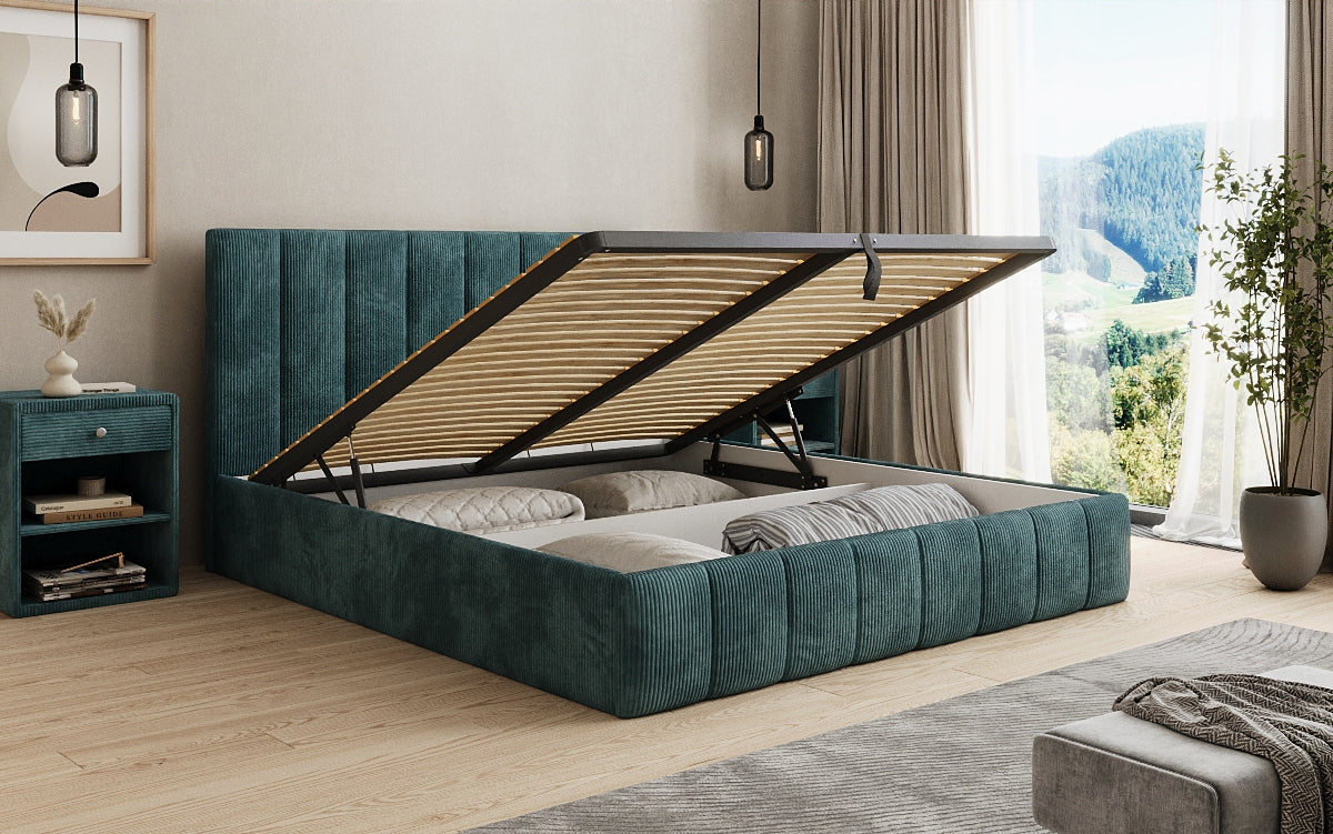 Designer upholstered bed Mila in Corduroy with storage