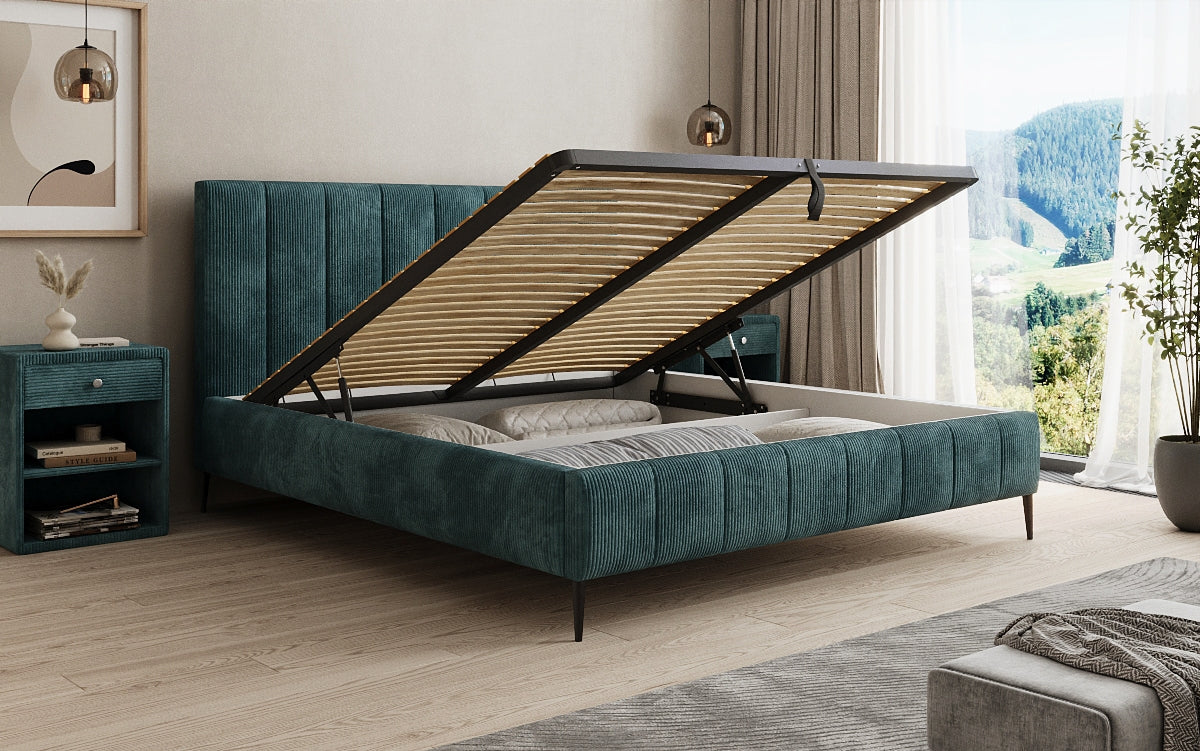 Designer upholstered bed Astrid in Corduroy with storage space