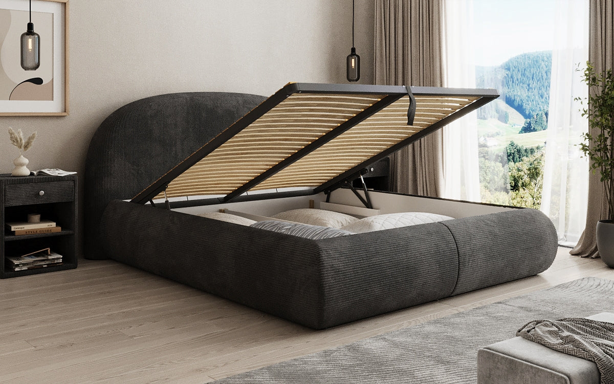 Designer upholstered bed Loop in Corduroy with storage space