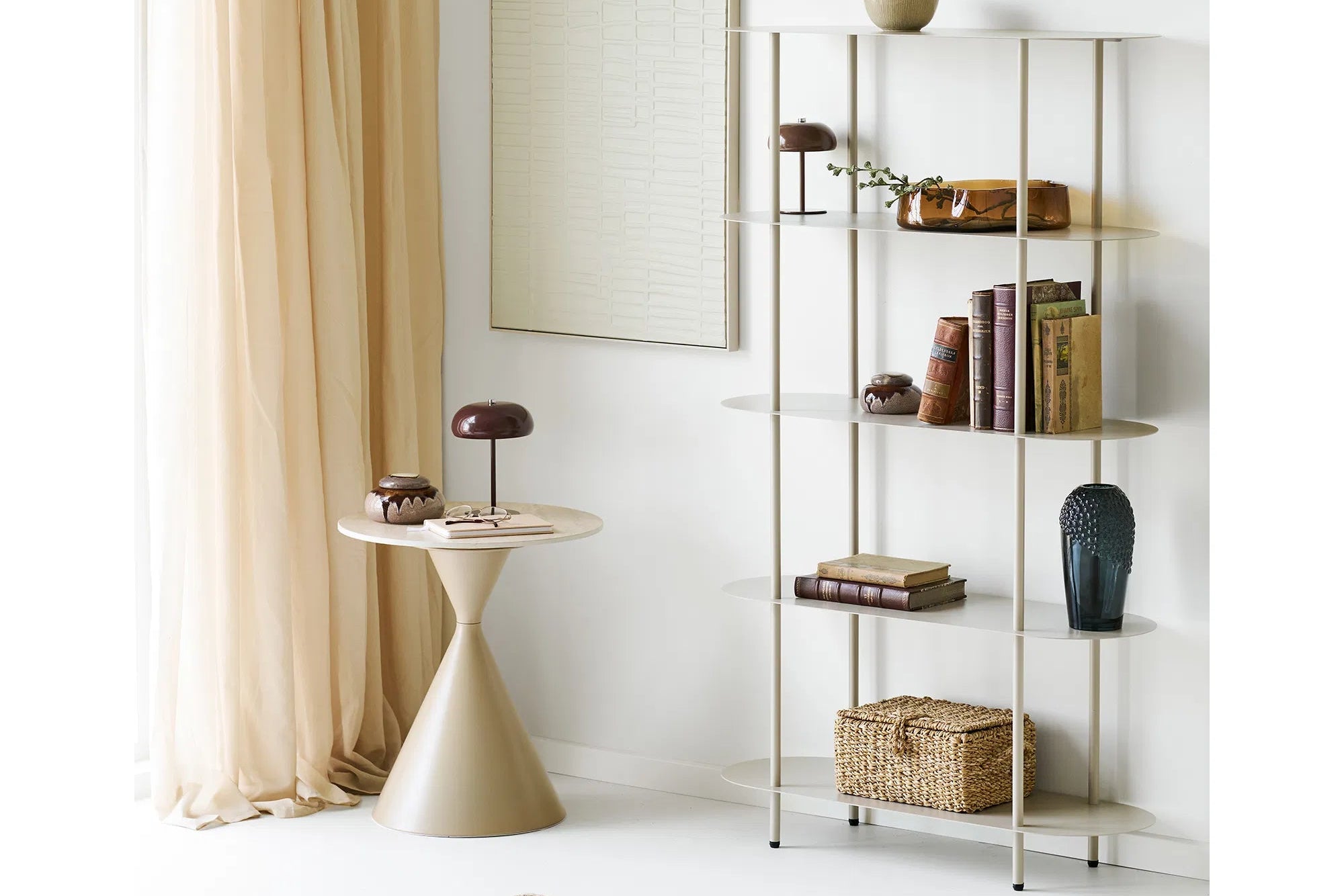 Elnora Freestanding Shelf – made of metal in sand color
