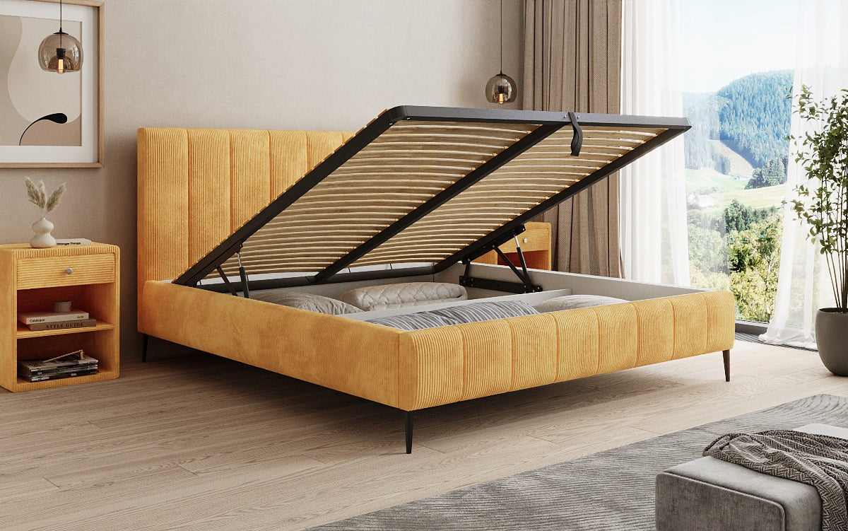 Designer upholstered bed Astrid in Corduroy with storage space