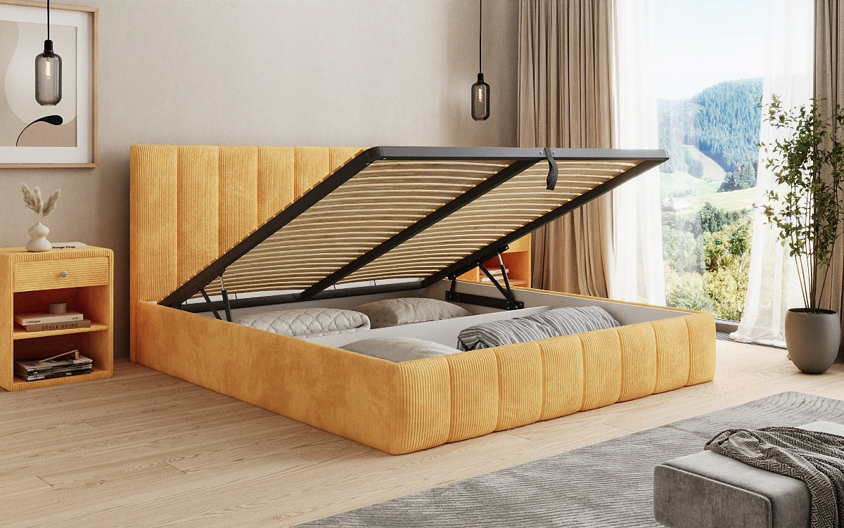 Designer upholstered bed Mila in Corduroy with storage