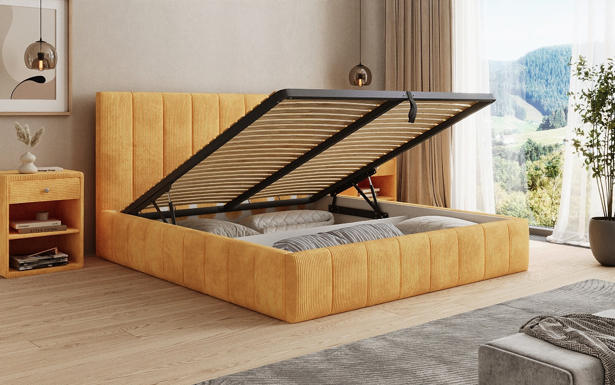 Designer upholstered bed Maja in Corduroy with storage