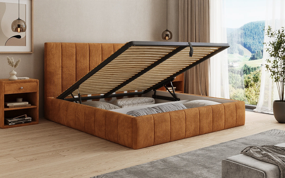 Designer upholstered bed Maja in Corduroy with storage