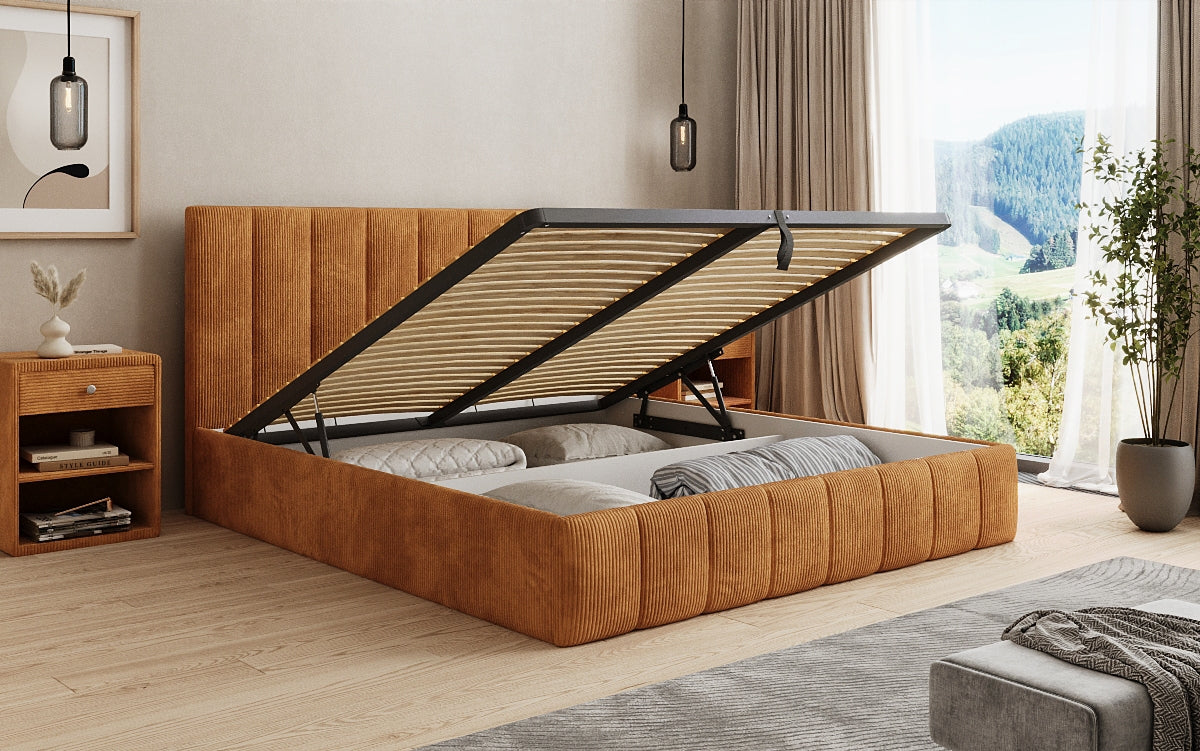 Designer upholstered bed Mila in Corduroy with storage