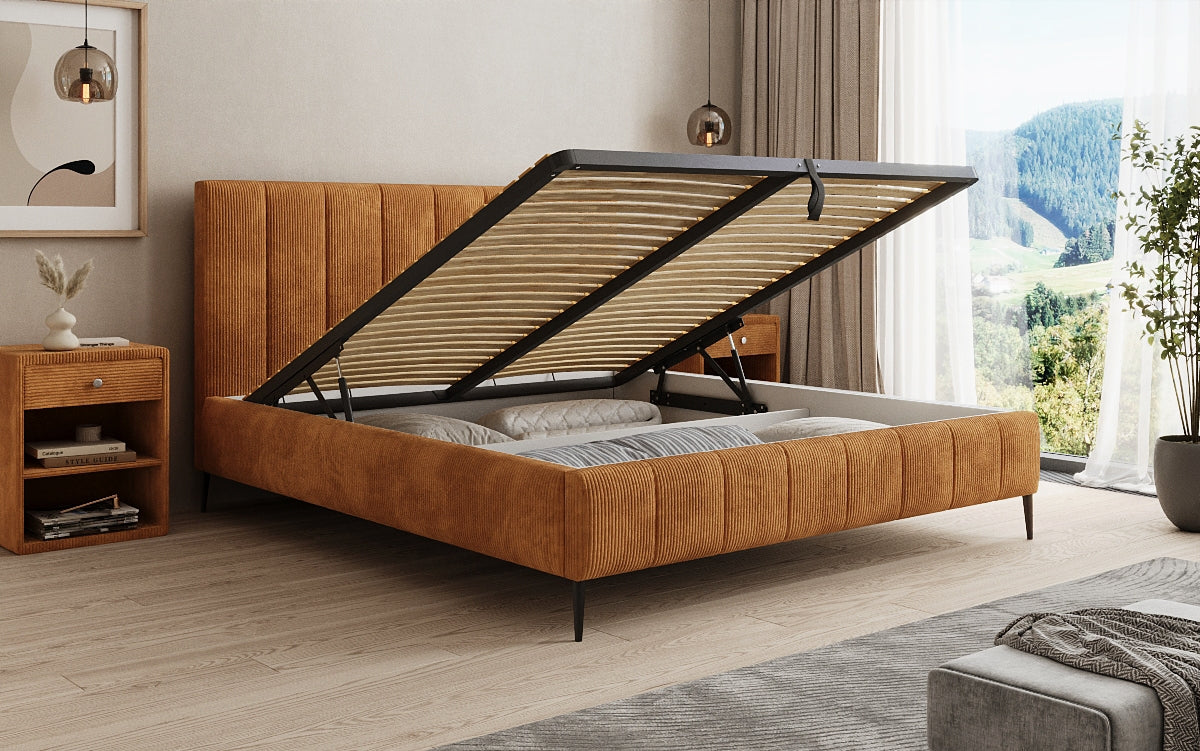 Designer upholstered bed Astrid in Corduroy with storage space
