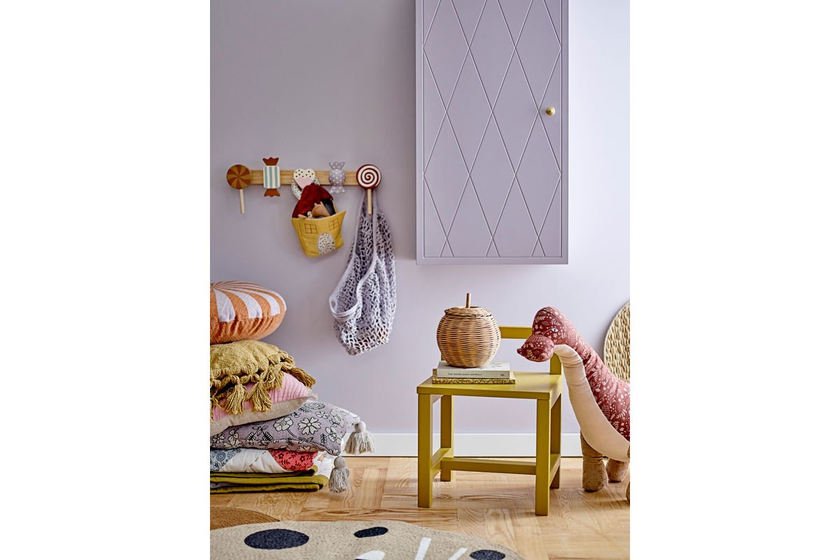 Wall Cabinet Lana – Violet Wooden Cabinet with Brass Handle & Patterned Front