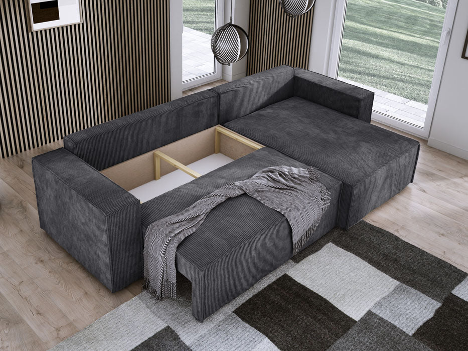 Designer Sofa Velanova mit Schlaffunktion und Stauraum aus Cord