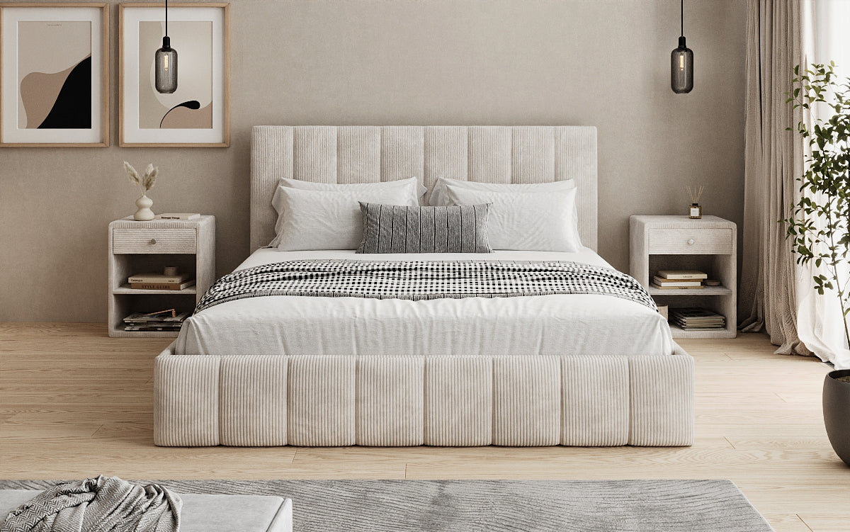 Designer upholstered bed Mila in Corduroy with storage