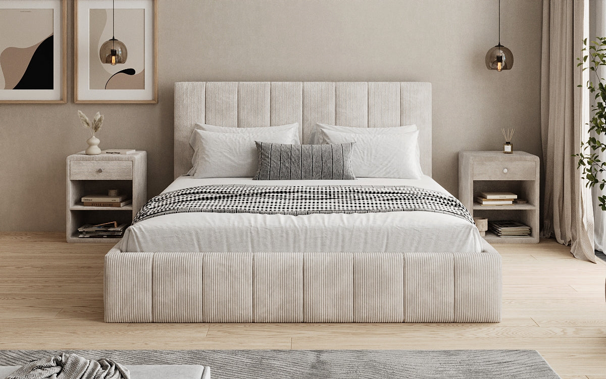 Designer upholstered bed Maja in Corduroy with storage