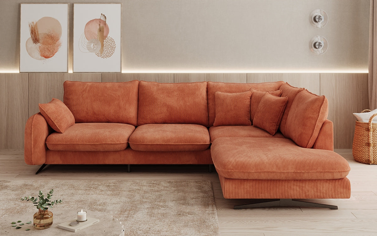 Designer corner sofa Laguna with metal feet in Corduroy