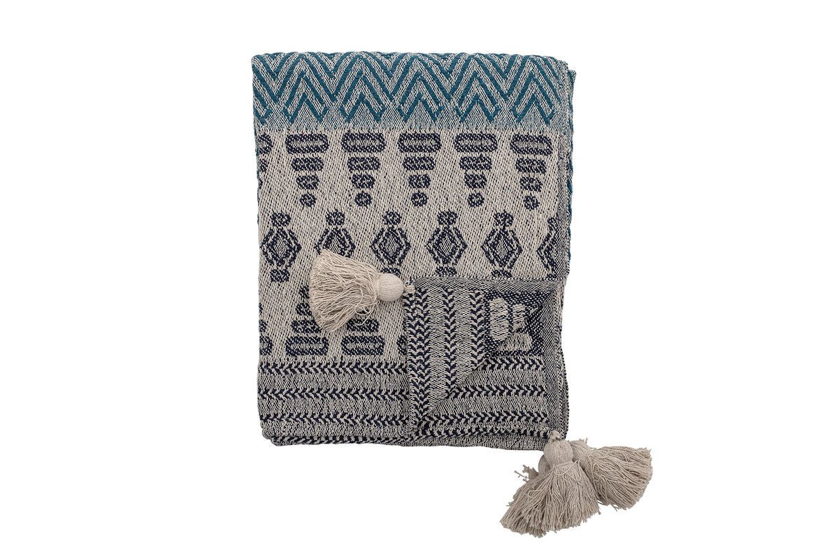 Überwurfdecke Lani  – Blau, aus recycelter Baumwolle