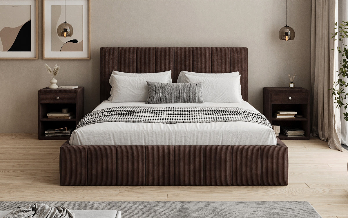 Designer upholstered bed Maja in Corduroy with storage