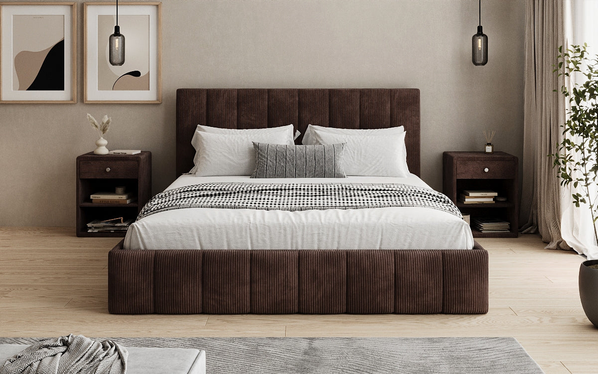 Designer upholstered bed Mila in Corduroy with storage