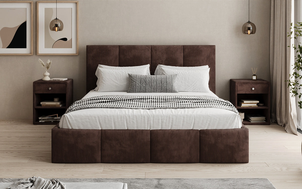 Designer upholstered bed Mina in Corduroy with storage space