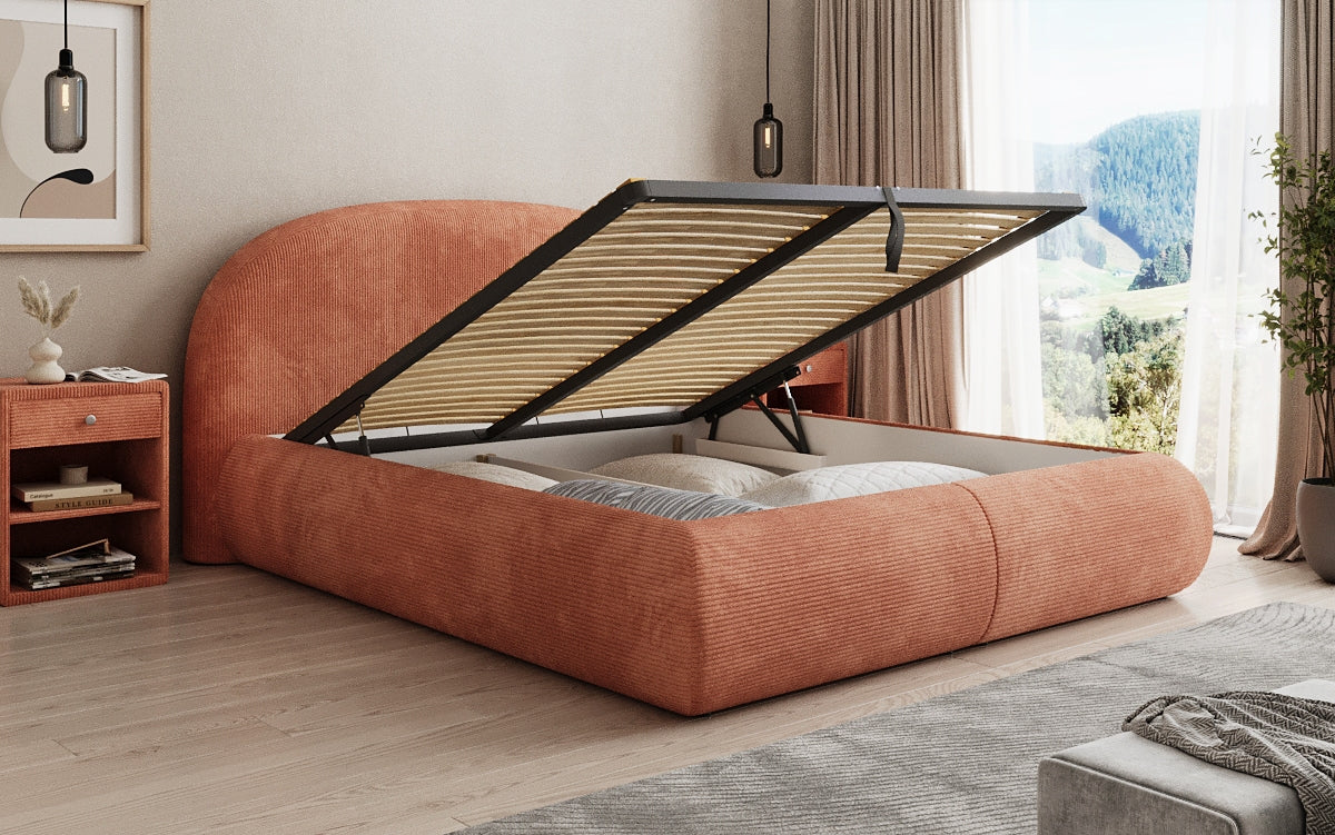 Designer upholstered bed Loop in Corduroy with storage space