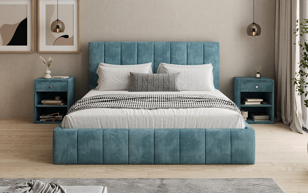 Designer upholstered bed Maja in Corduroy with storage