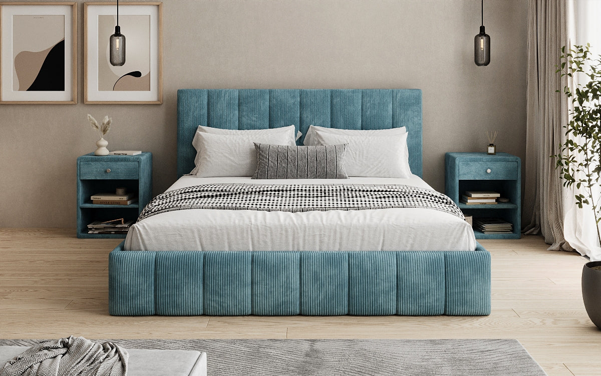 Designer upholstered bed Mila in Corduroy with storage