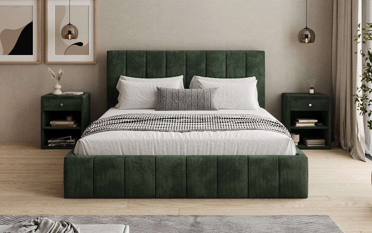 Designer upholstered bed Maja in Corduroy with storage
