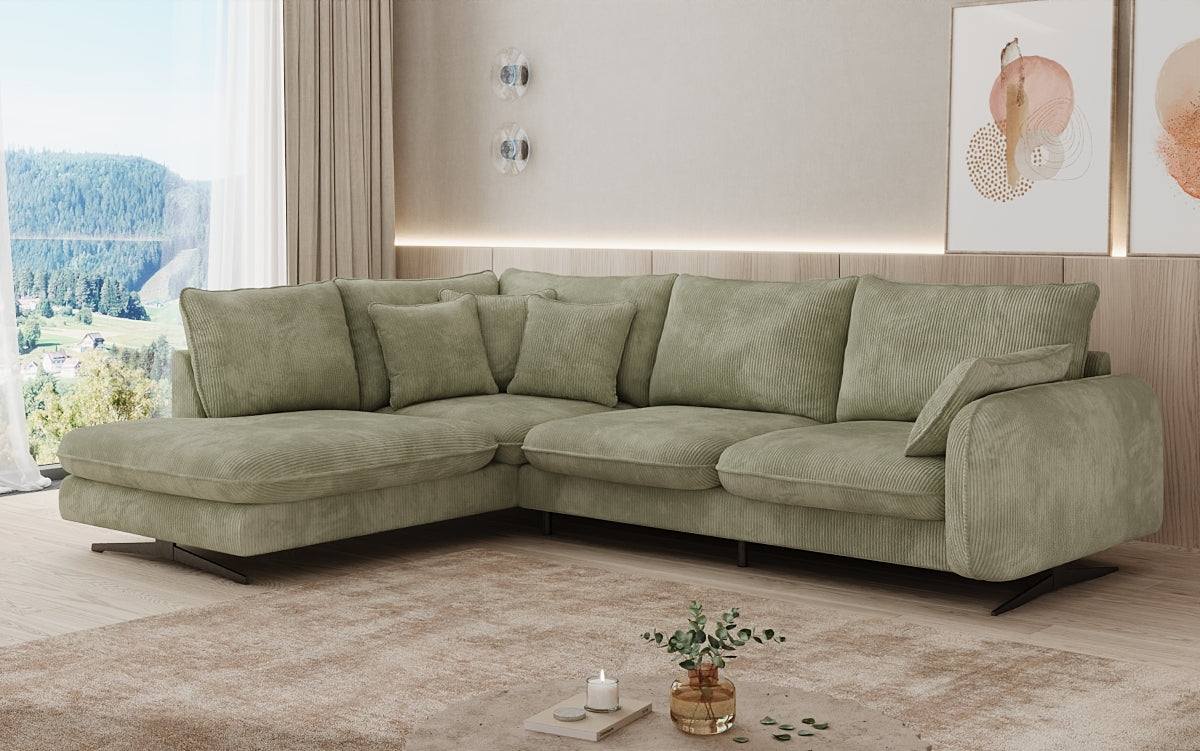 Designer corner sofa Laguna with metal feet in Corduroy