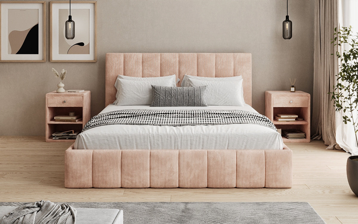 Designer upholstered bed Mila in Corduroy with storage