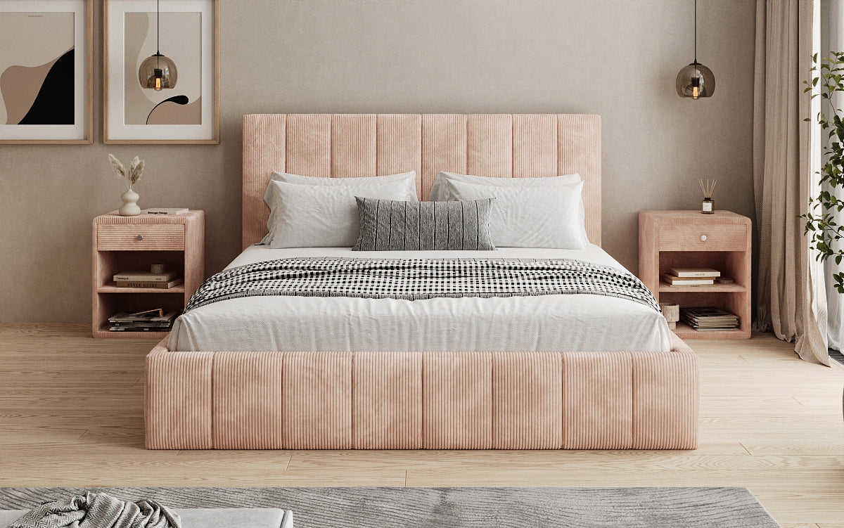 Designer upholstered bed Maja in Corduroy with storage