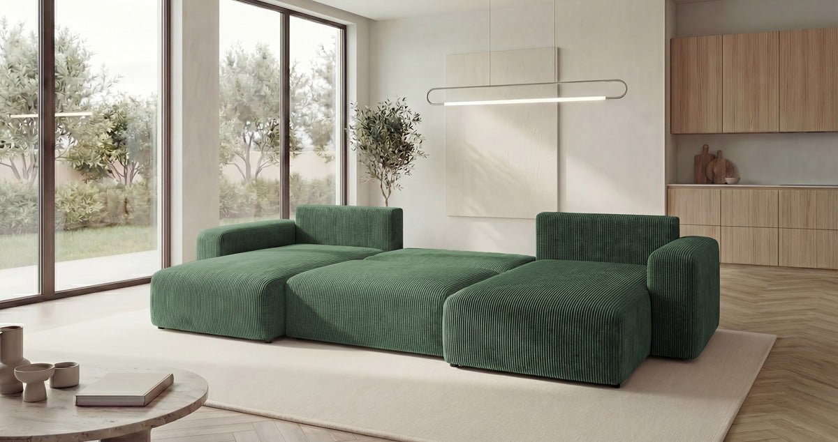 Designer Sofa Noma U mit Schlaffunktion und Stauraum in Cord