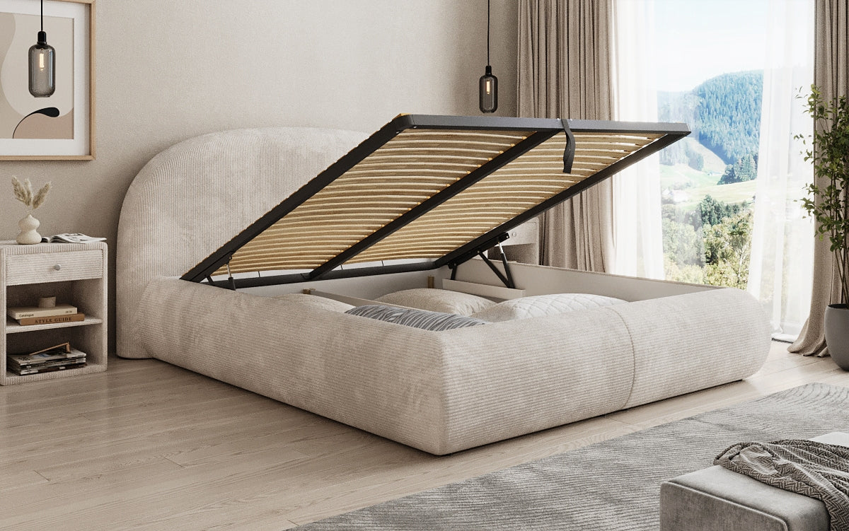 Designer upholstered bed Loop in Corduroy with storage space