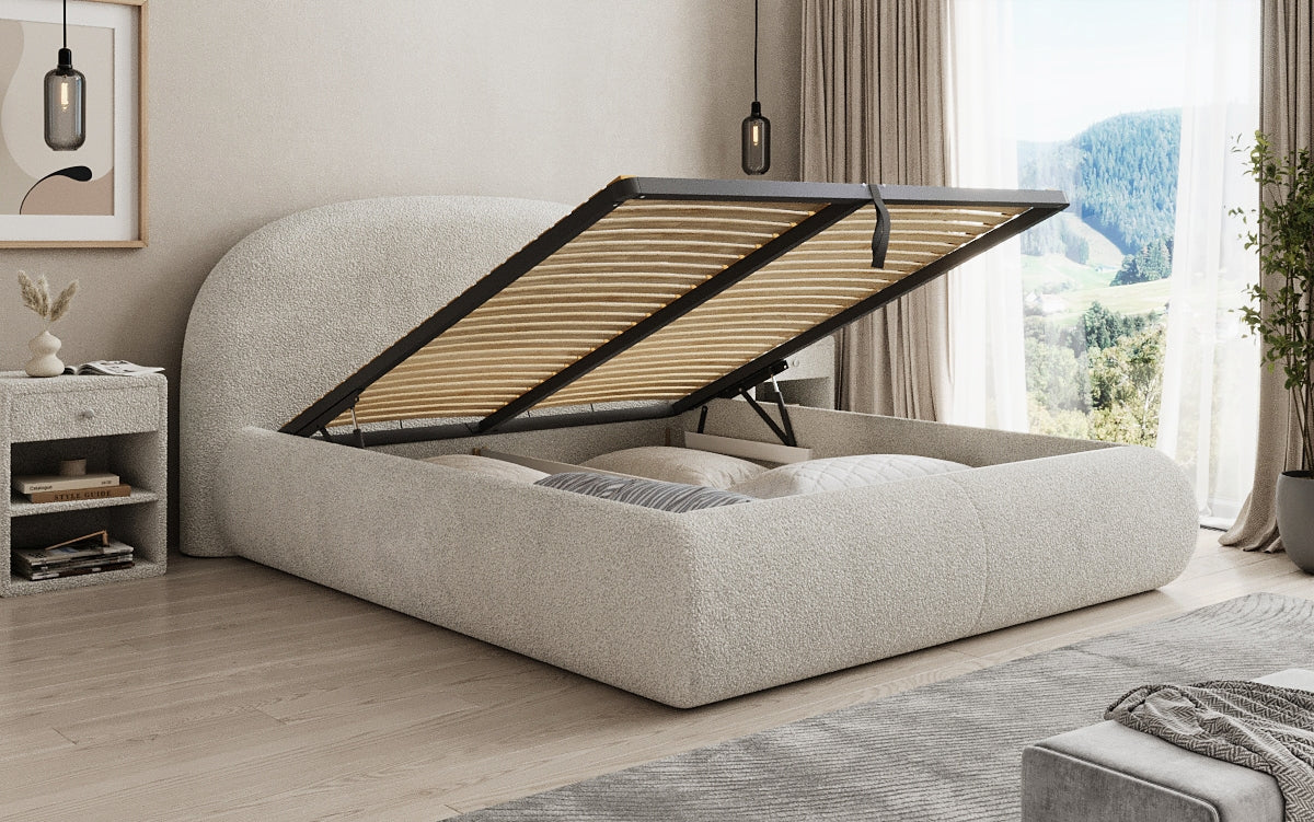 Designer upholstered bed Loop in teddy bouclé with storage space