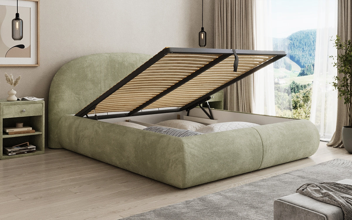 Designer upholstered bed Loop in Corduroy with storage space