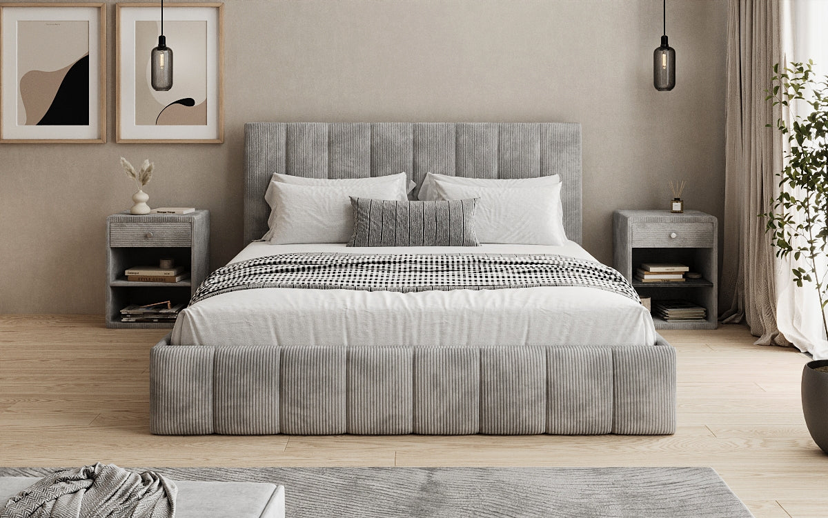 Designer upholstered bed Mila in Corduroy with storage