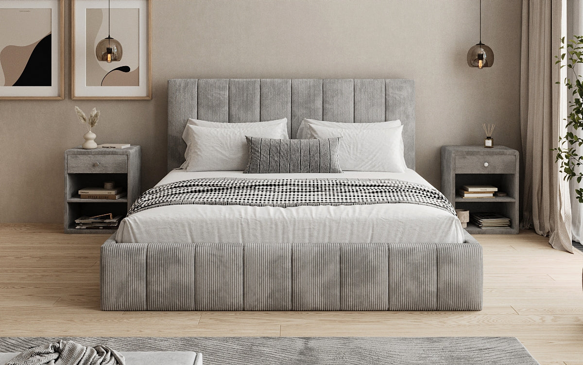 Designer upholstered bed Maja in Corduroy with storage