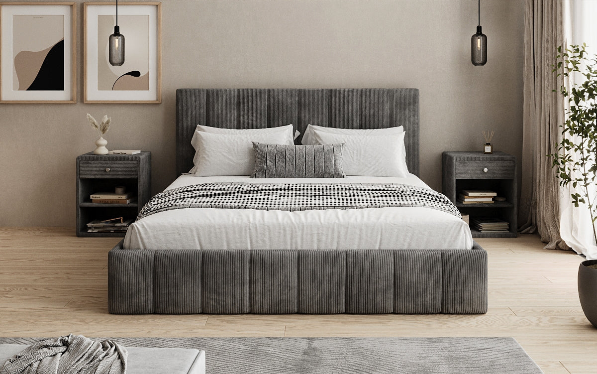 Designer upholstered bed Mila in Corduroy with storage