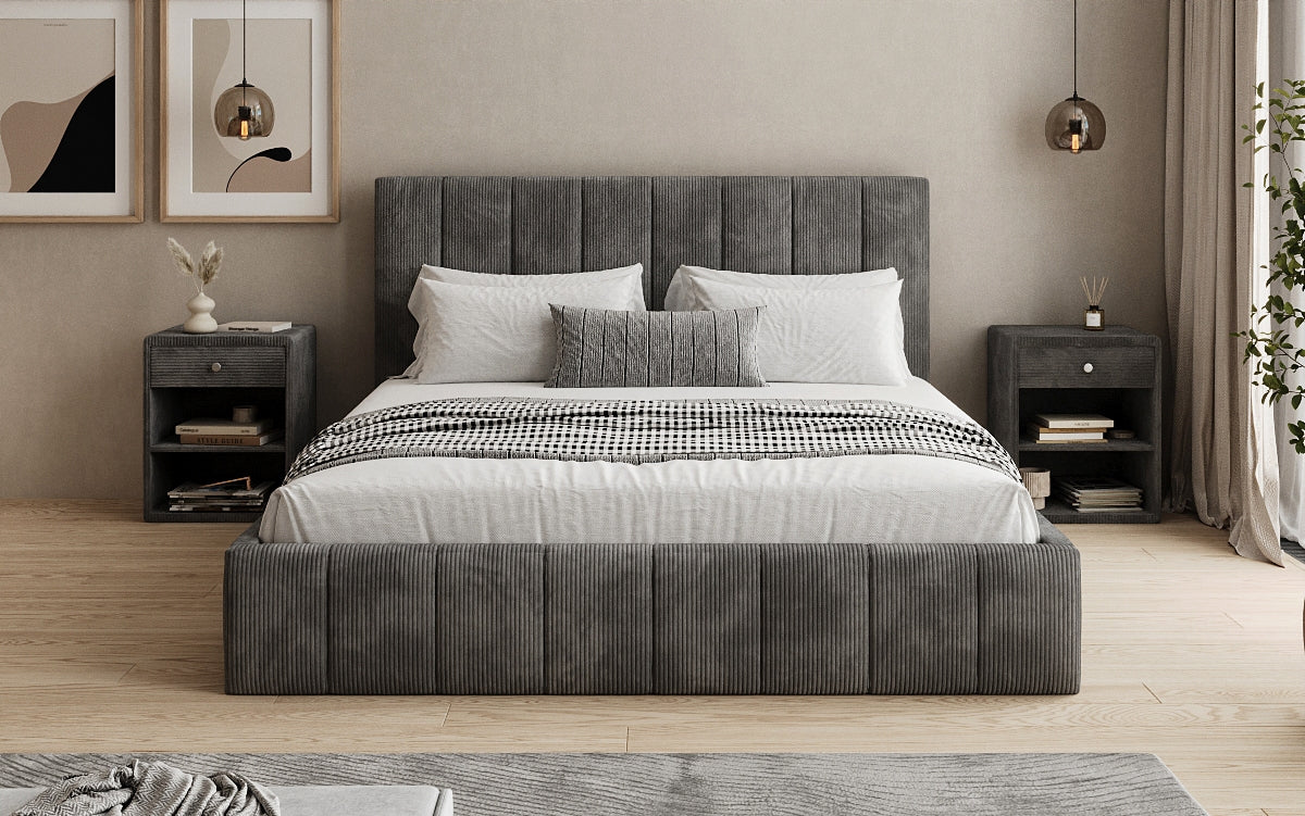 Designer upholstered bed Maja in Corduroy with storage