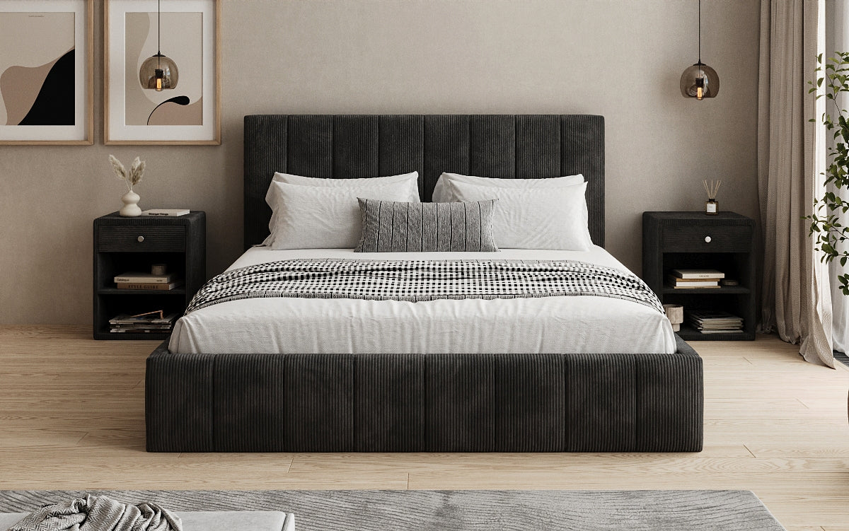 Designer upholstered bed Maja in Corduroy with storage