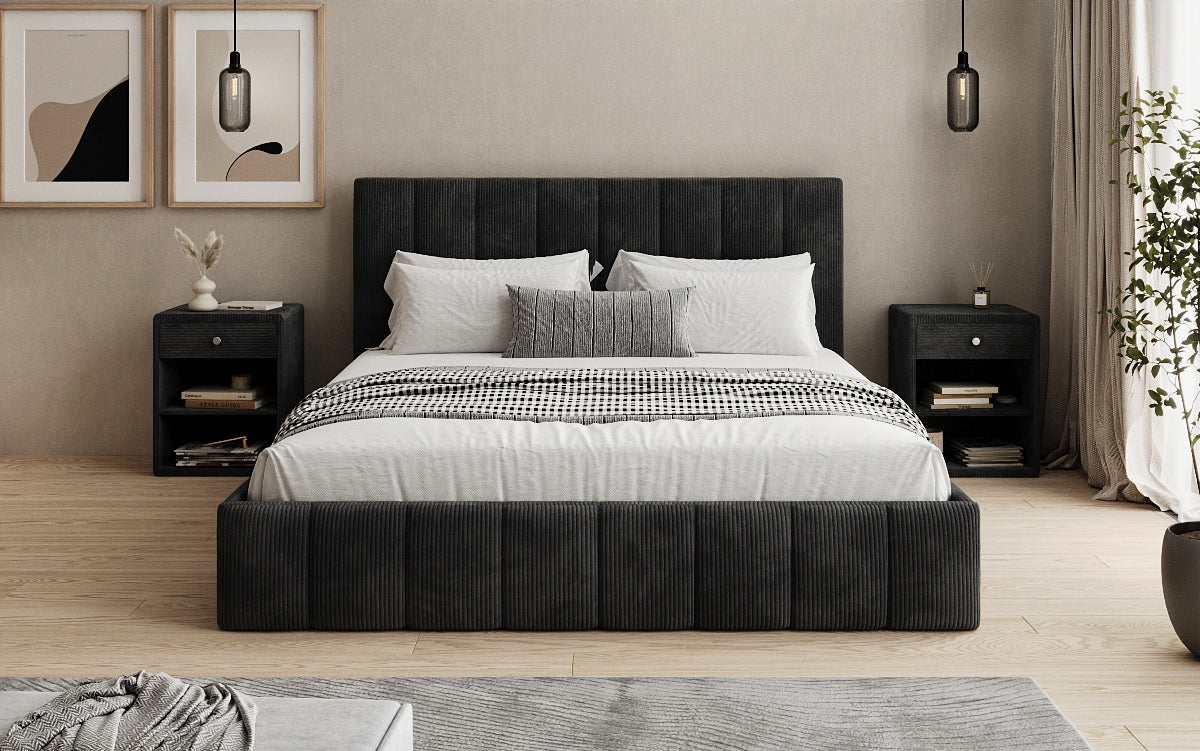 Designer upholstered bed Mila in Corduroy with storage
